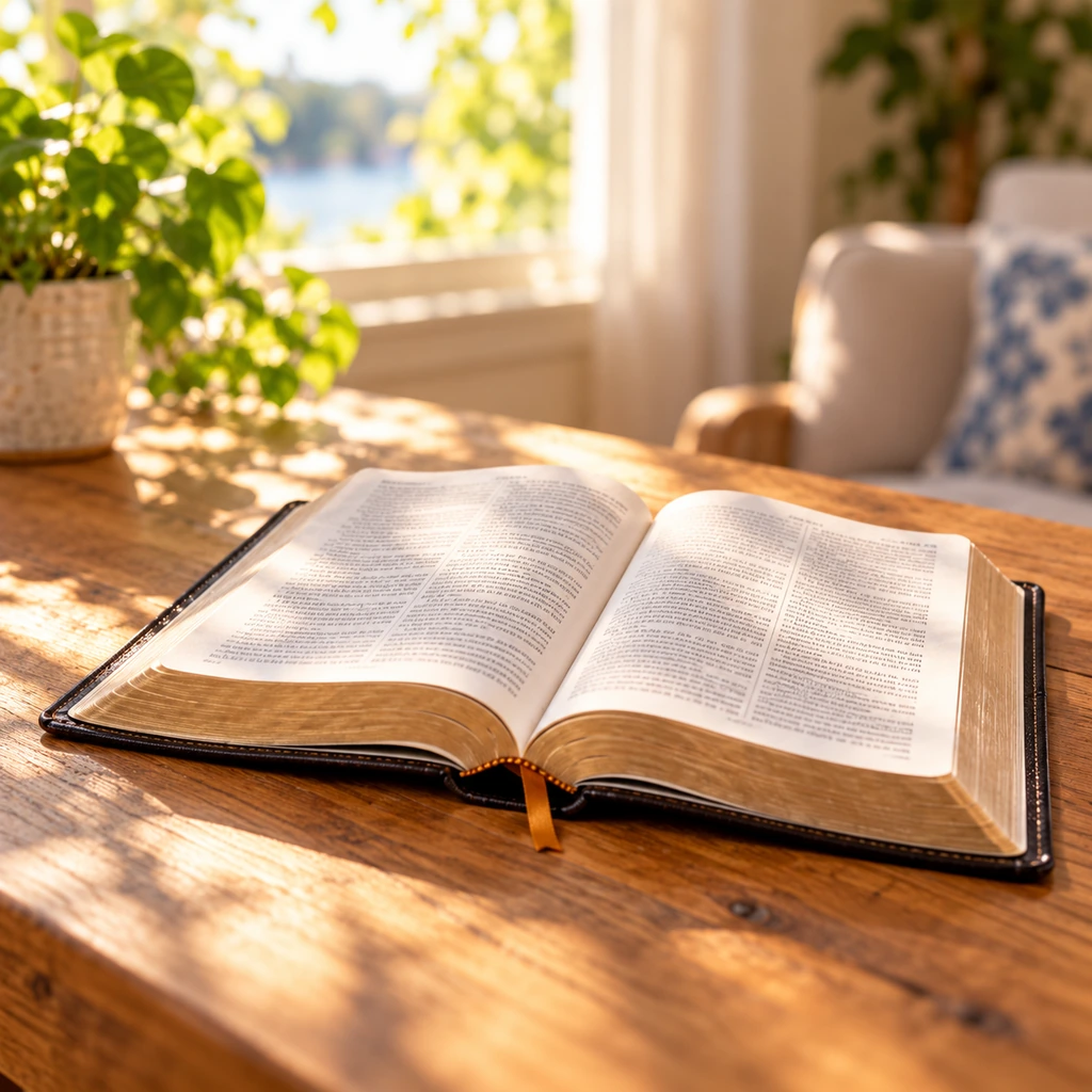 Bibel på ett solbelyst träbord som symbol för dinbibelskola.se icon