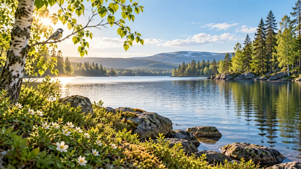  Solbelyst sjö med skog, berg och en fågel på en björkgren.
